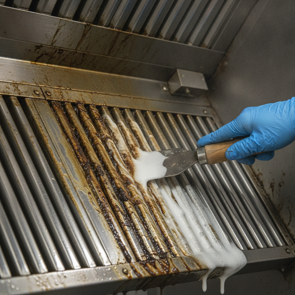 Close-up of baffle filters during commercial exhaust hood cleaning with foaming degreaser removing grease buildup in an Ontario restaurant kitchen