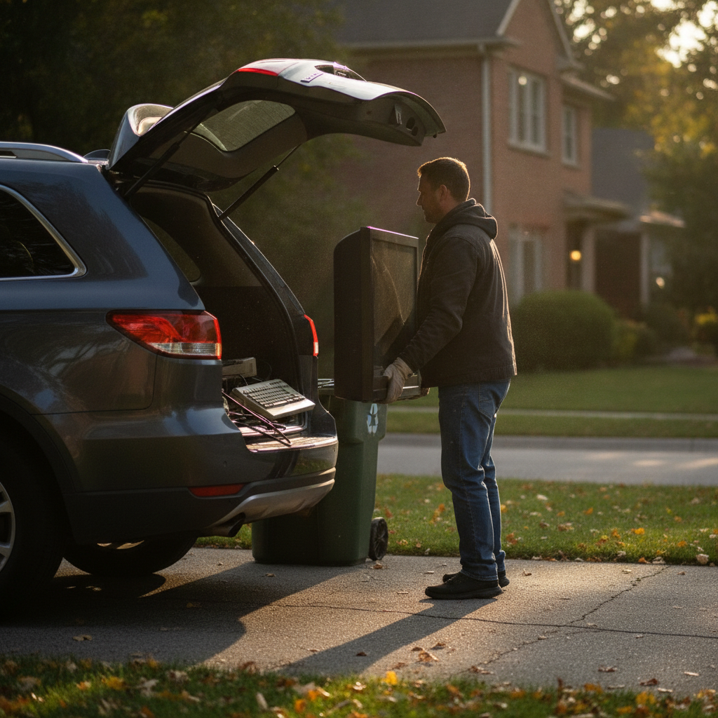 Homeowner loading old TV and laptop into SUV for electronics recycling drop-off in Etobicoke