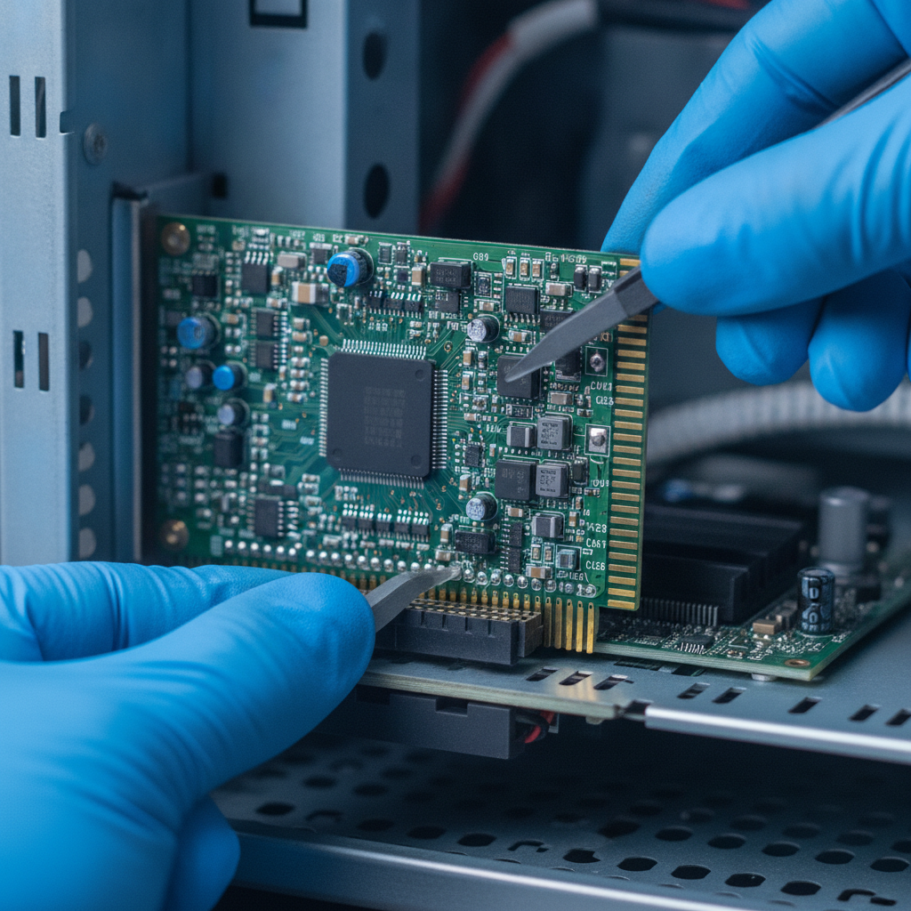 Close-up of safe printed circuit board removal with gloved hands for scrapping electronics in Etobicoke