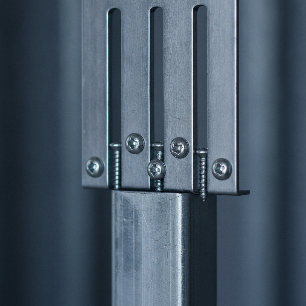 Close-up of slotted deflection track showing elongated slots, centered screw, and slip gap for MaxTrak-style head-of-wall movement