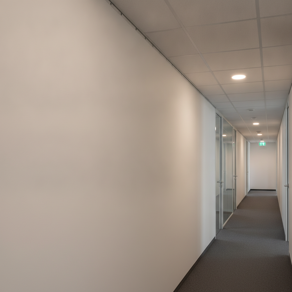 Finished office corridor with straight drywall and clean ceiling lines thanks to slotted deflection track at head-of-wall
