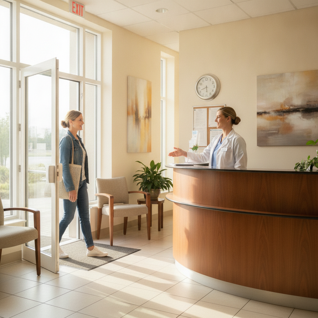 Welcoming clinic reception where a nurse greets a new patient for same-day intake to begin alcohol addiction treatment
