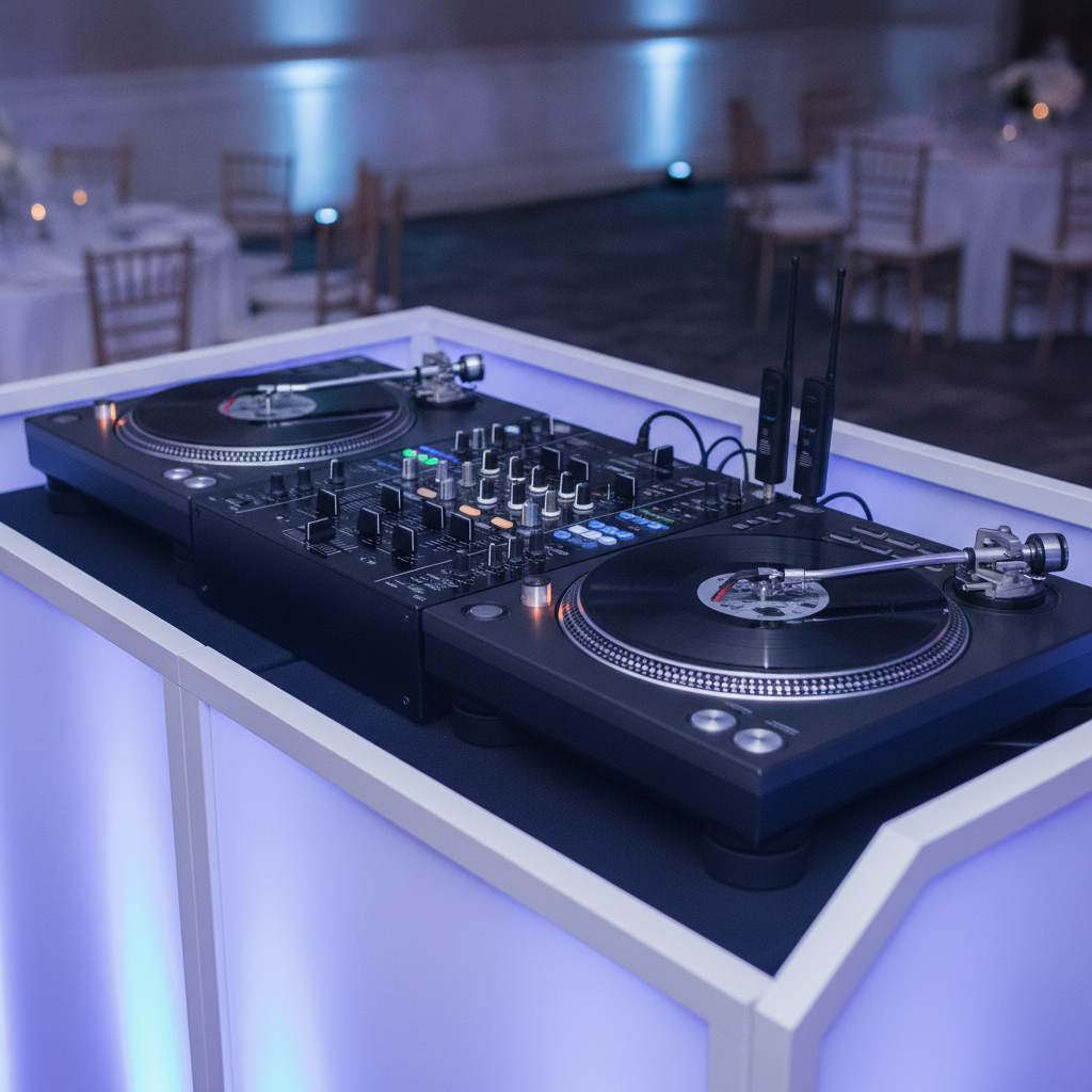 Close-up of professional wedding DJ setup with wireless microphones, uplighting, and mixer for Oakville wedding packages