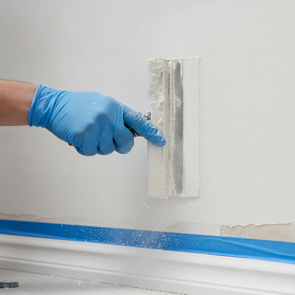Detail shot showing professional drywall patch and paint prep for fast re-occupancy in a rental unit