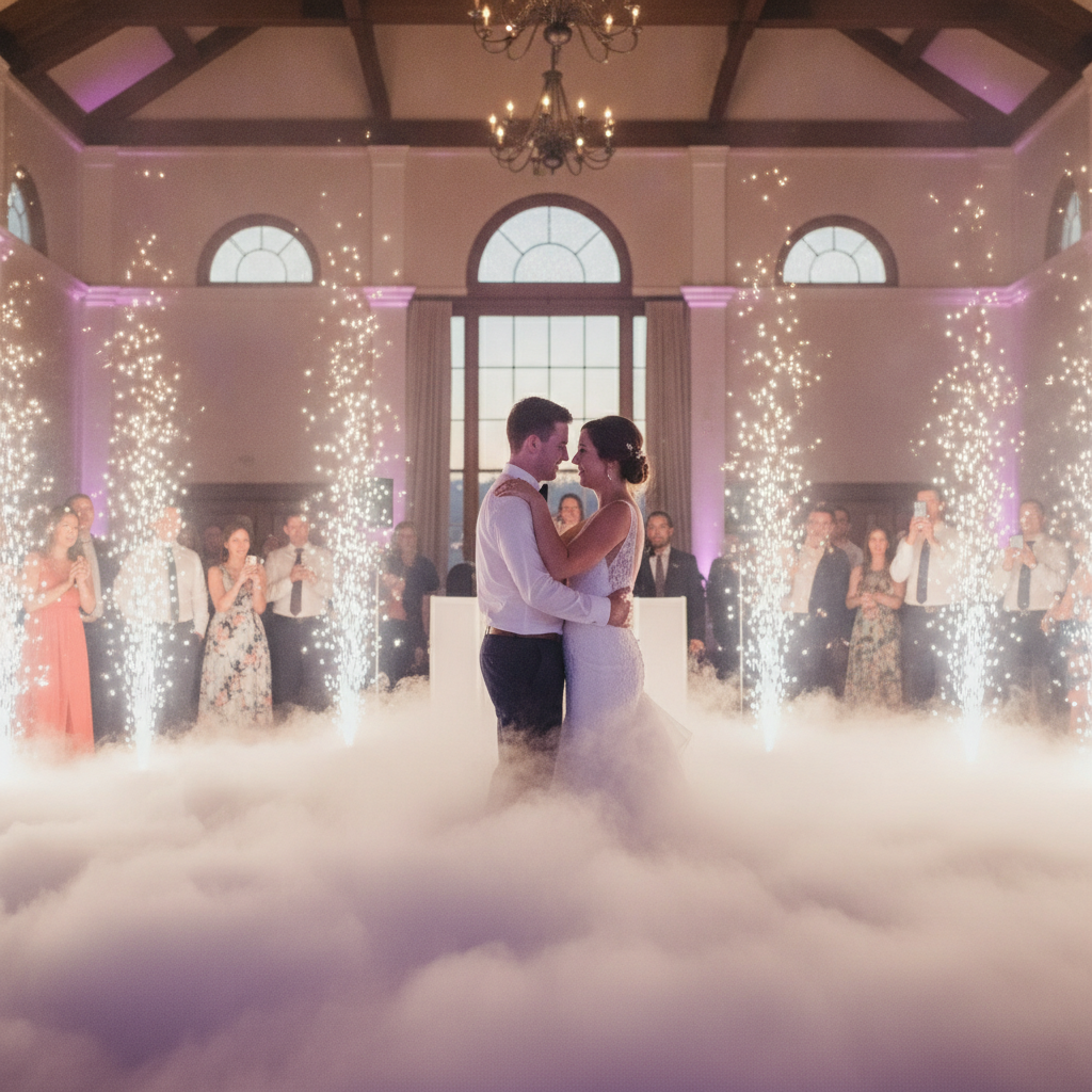 First dance with dry ice dancing-on-clouds and cold sparklers at an Oakville wedding reception