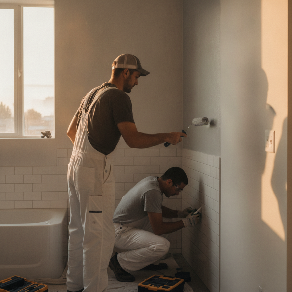 Turnover crew painting walls, caulking tiles, and resetting covers to accelerate re-occupancy
