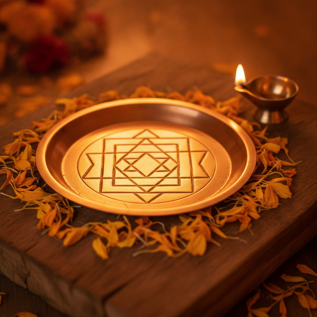 Close-up copper Sri Yantra plate for home energy alignment on a wooden altar with diya and marigold petals