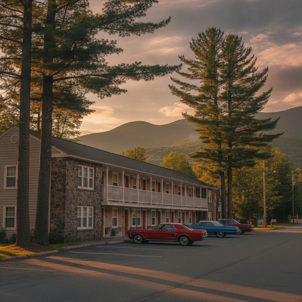 Exterior scene of a classic North Conway roadside motel with White Mountains backdrop, ideal for relaxed late check-out planning