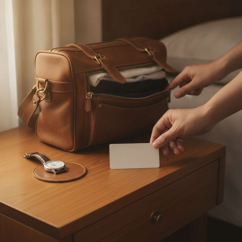 Detail shot of a guest setting down a key card beside a weekend bag, symbolizing hotel with late check out planning