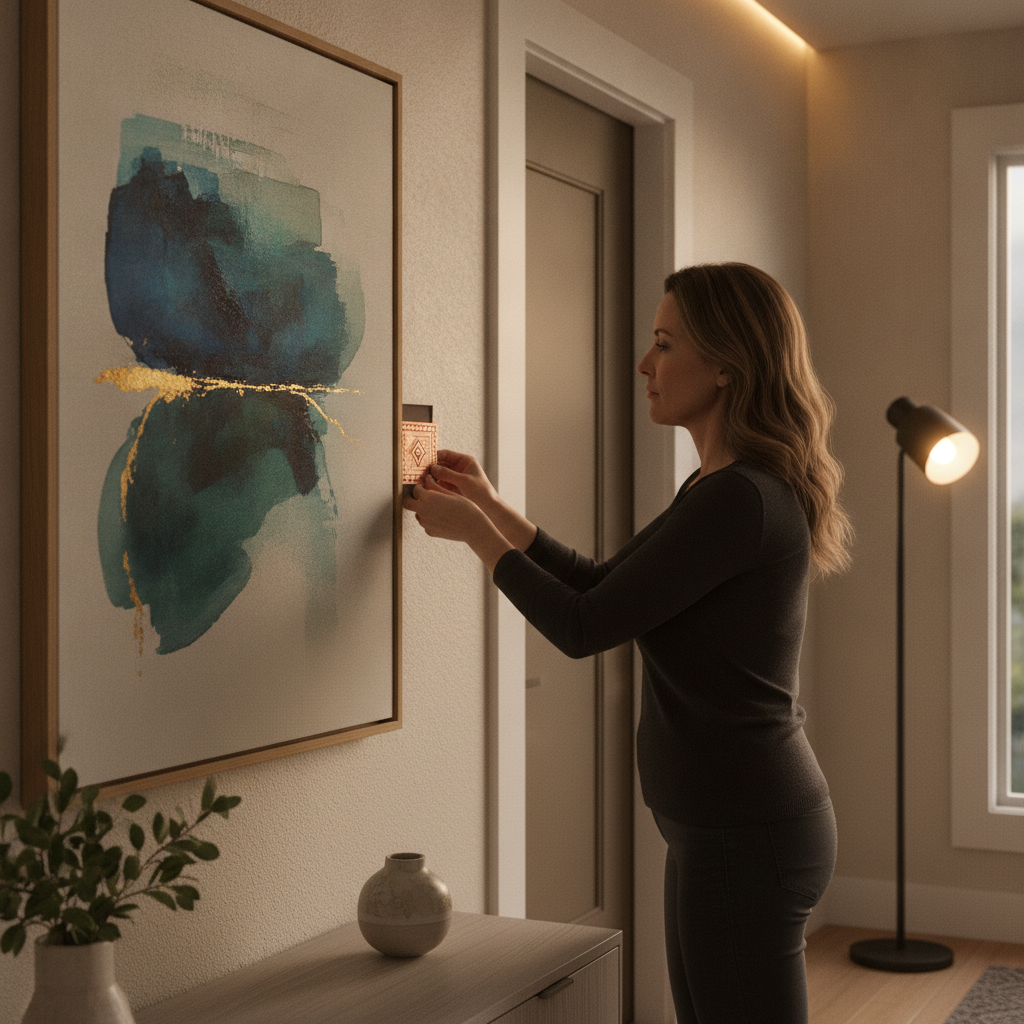 Homeowner placing a Vastu dosh nivaran yantra discreetly near an entryway to correct layout imbalance