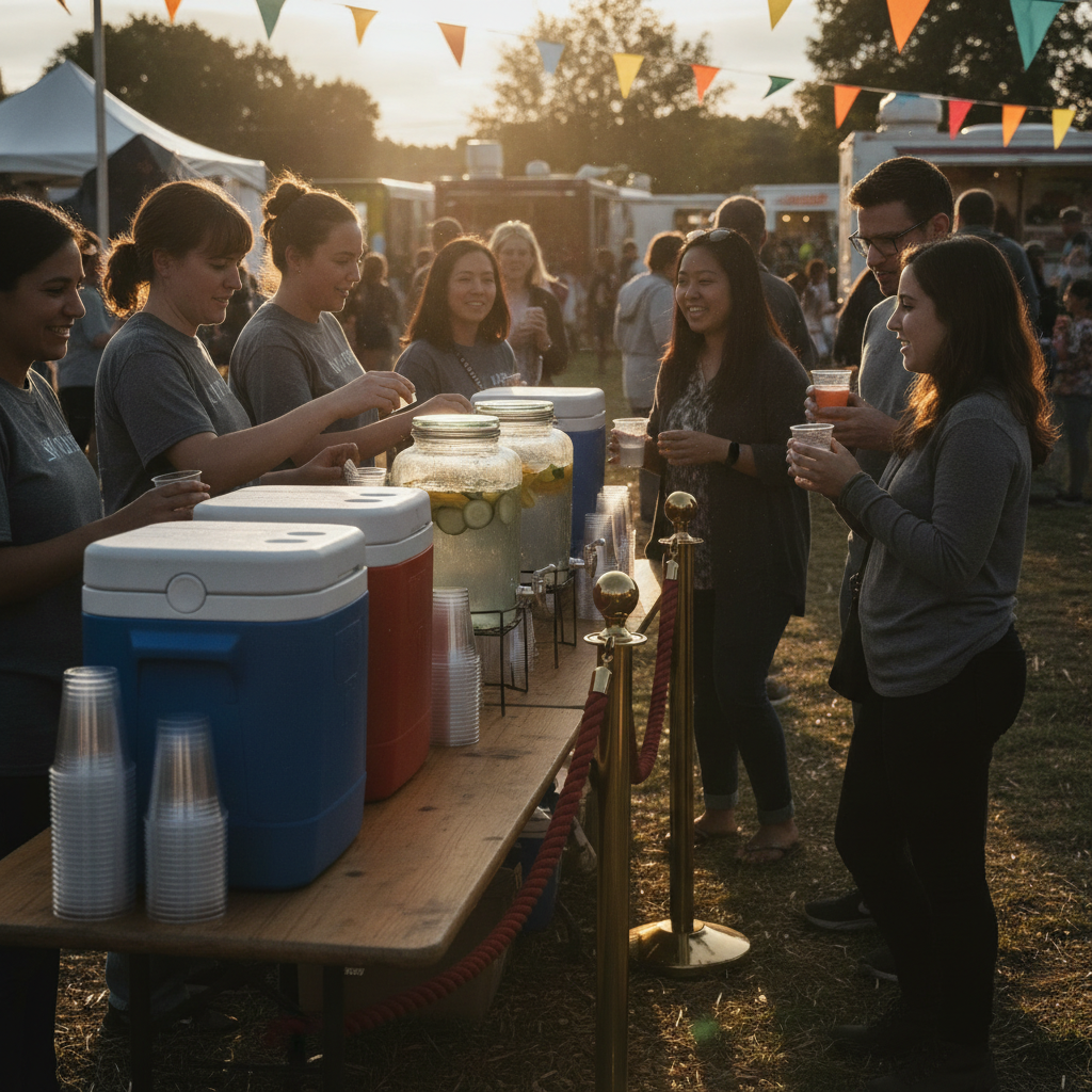 Outdoor community festival beverage station showing designated service area and water stations for a special event liquor licence