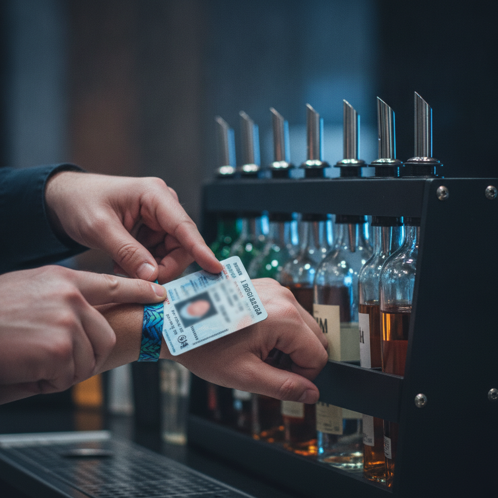 Responsible alcohol service setup showing wristbanding and ID check near measured pour spouts for a special event liquor licence