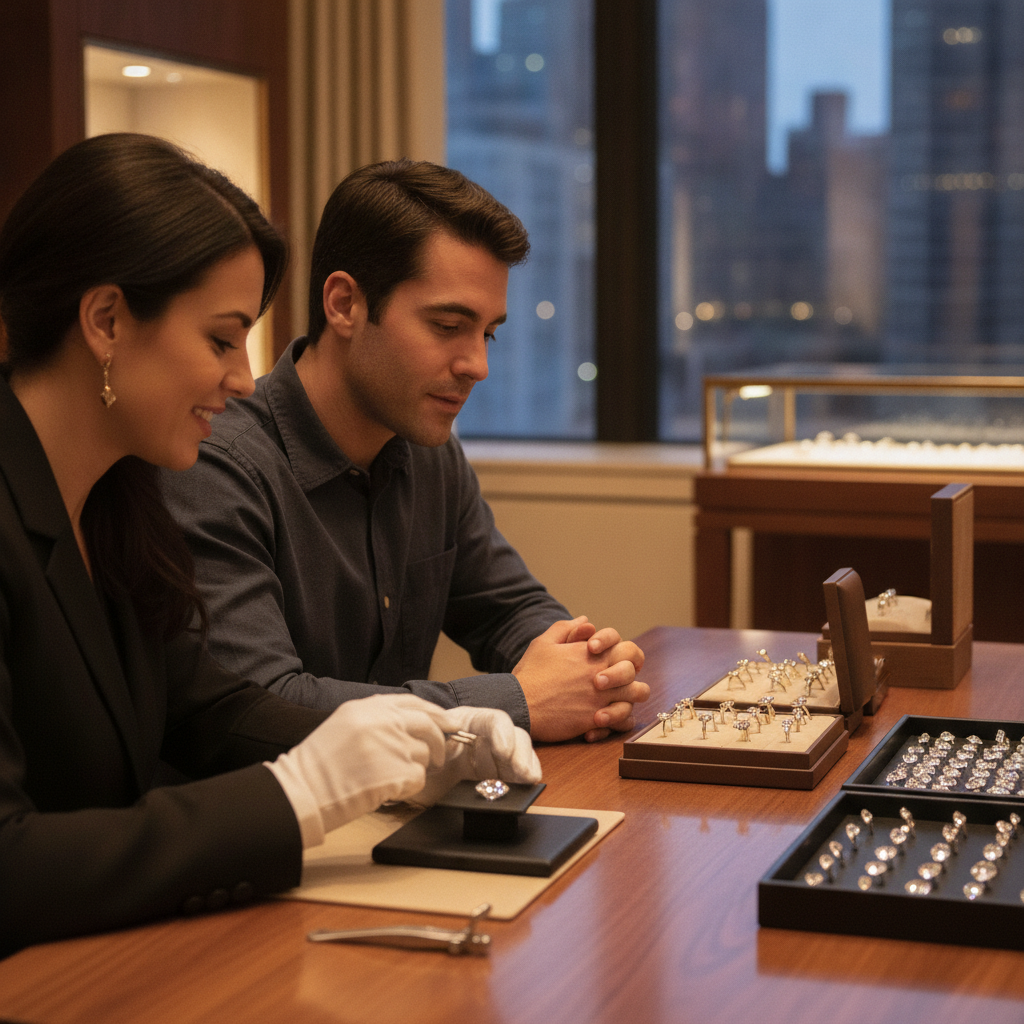 Couple meeting a diamond expert in New York to review engagement ring settings