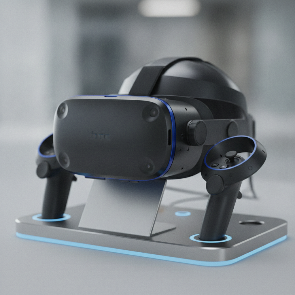 Close-up HTC Vive Pro headset and motion controllers used for the best virtual reality games at The Next Level VR arcade