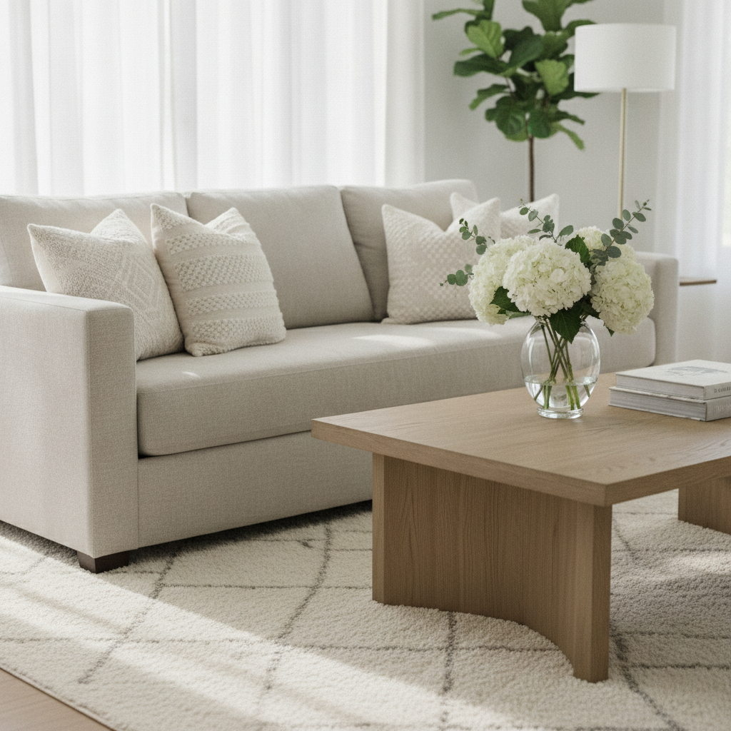 Staged Brampton living room with neutral decor and bright natural light for real estate listing photos