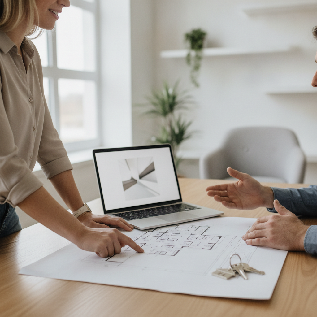 Realtor and homeowner reviewing floor plan and keys during a Brampton home selling consultation
