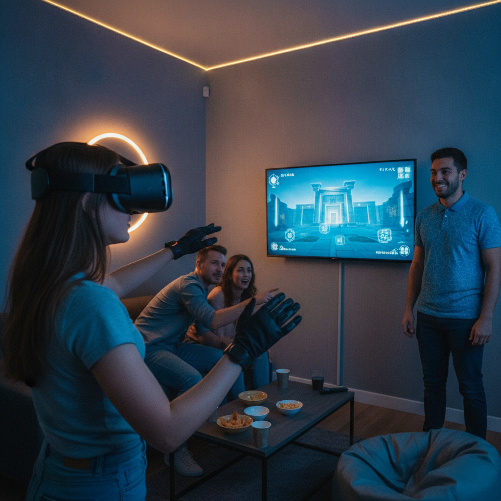 Friends collaborating in a VR escape room at The Next Level London Ontario, with one player in headset and others watching on a wall-mounted TV