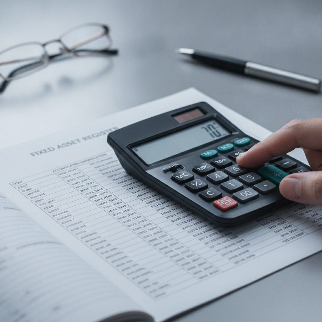 Close-up of fixed asset register with cost, accumulated depreciation, and net book value columns for depreciation in accounting