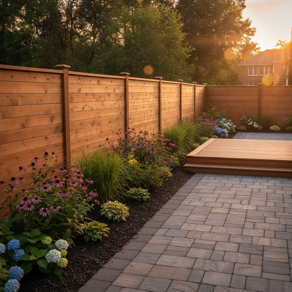 Finished cedar fence in Mississauga bordering an interlocking patio and small deck, illustrating coordinated design-build fencing timeline