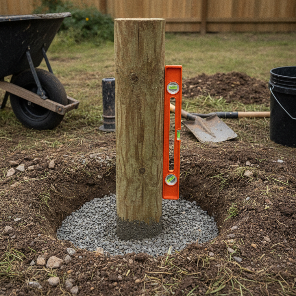 Close-up of fence post installation in Mississauga showing gravel base, plumb 4x4, and concrete footing for durable fence install timeline