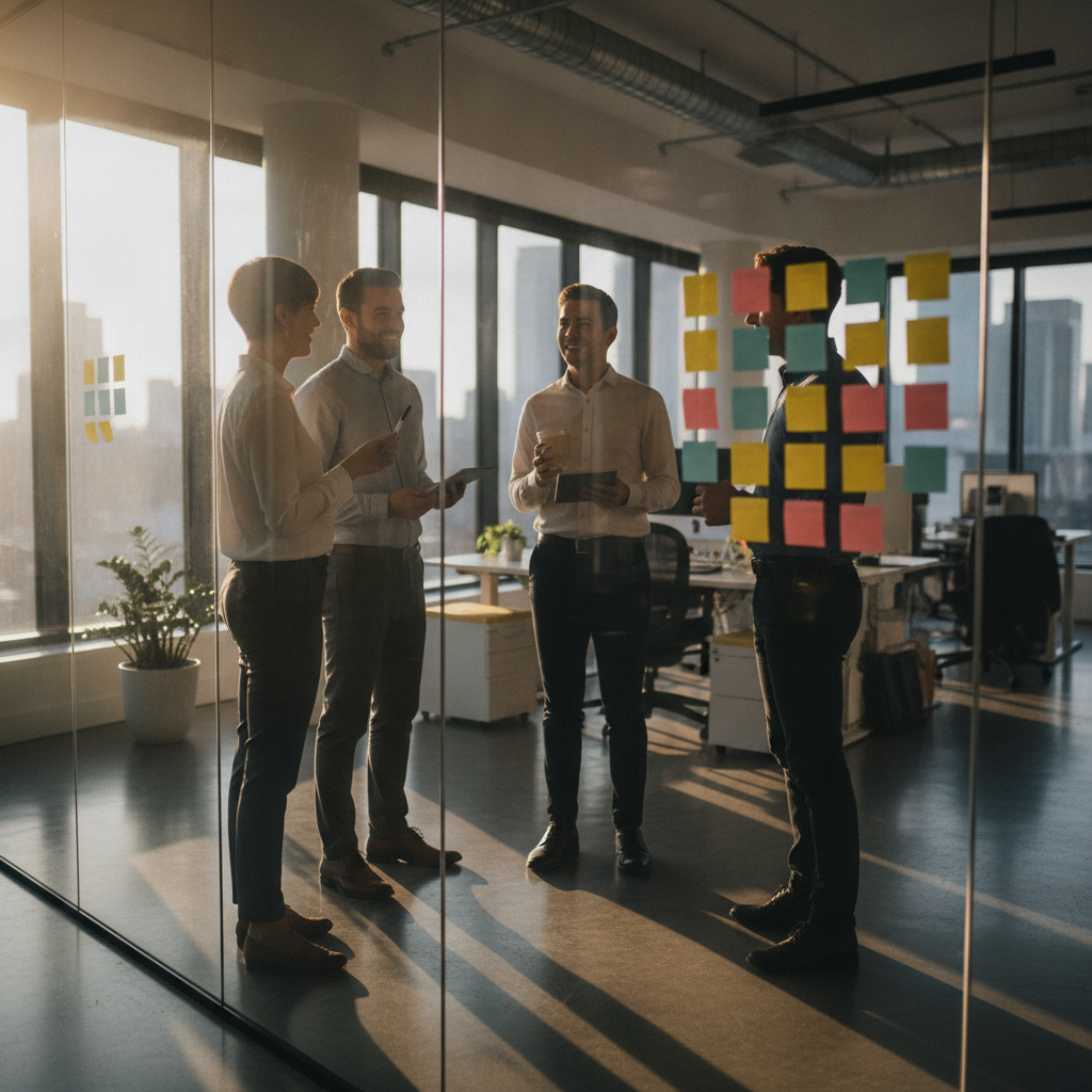 Agile stand-up scene in GTA illustrating hybrid delivery emphasized in latest PMI exam patterns