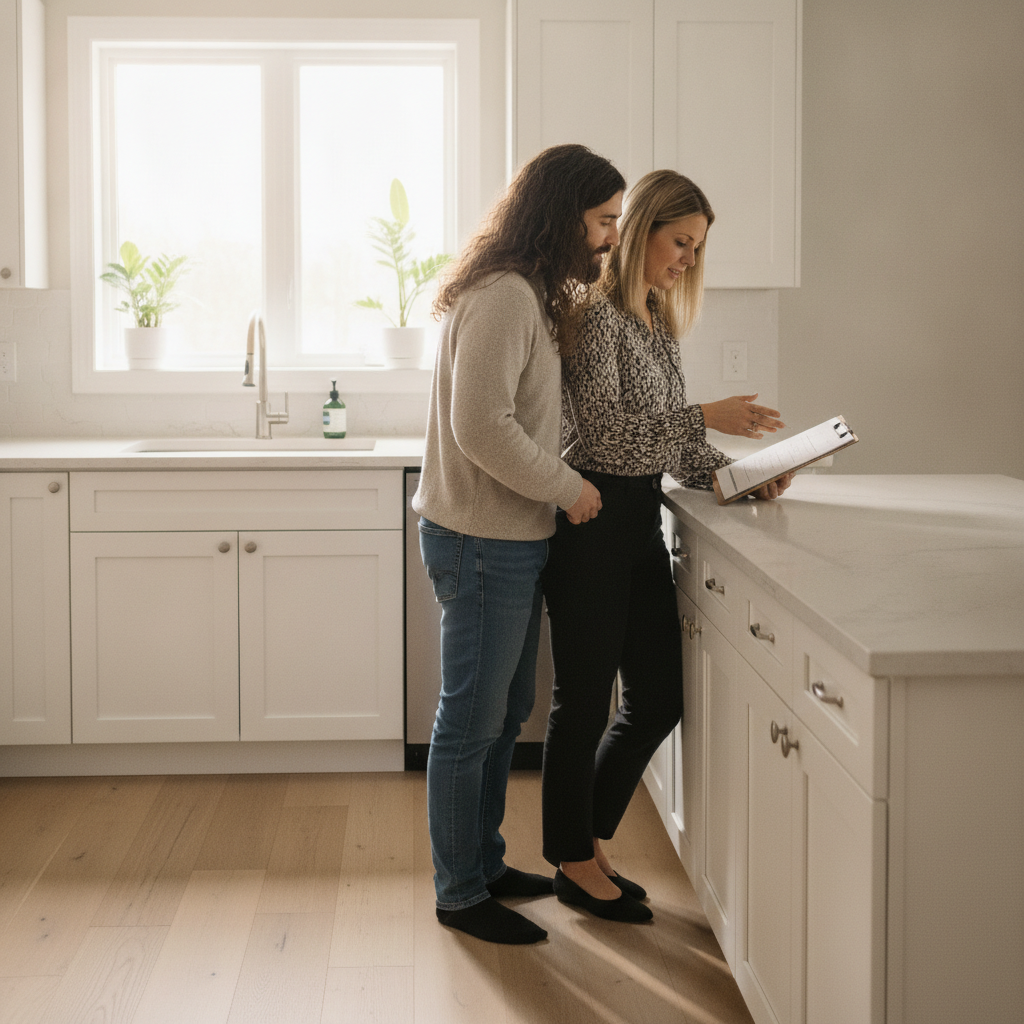 Realtor advising a young couple in a bright Brampton kitchen using a home inspection checklist