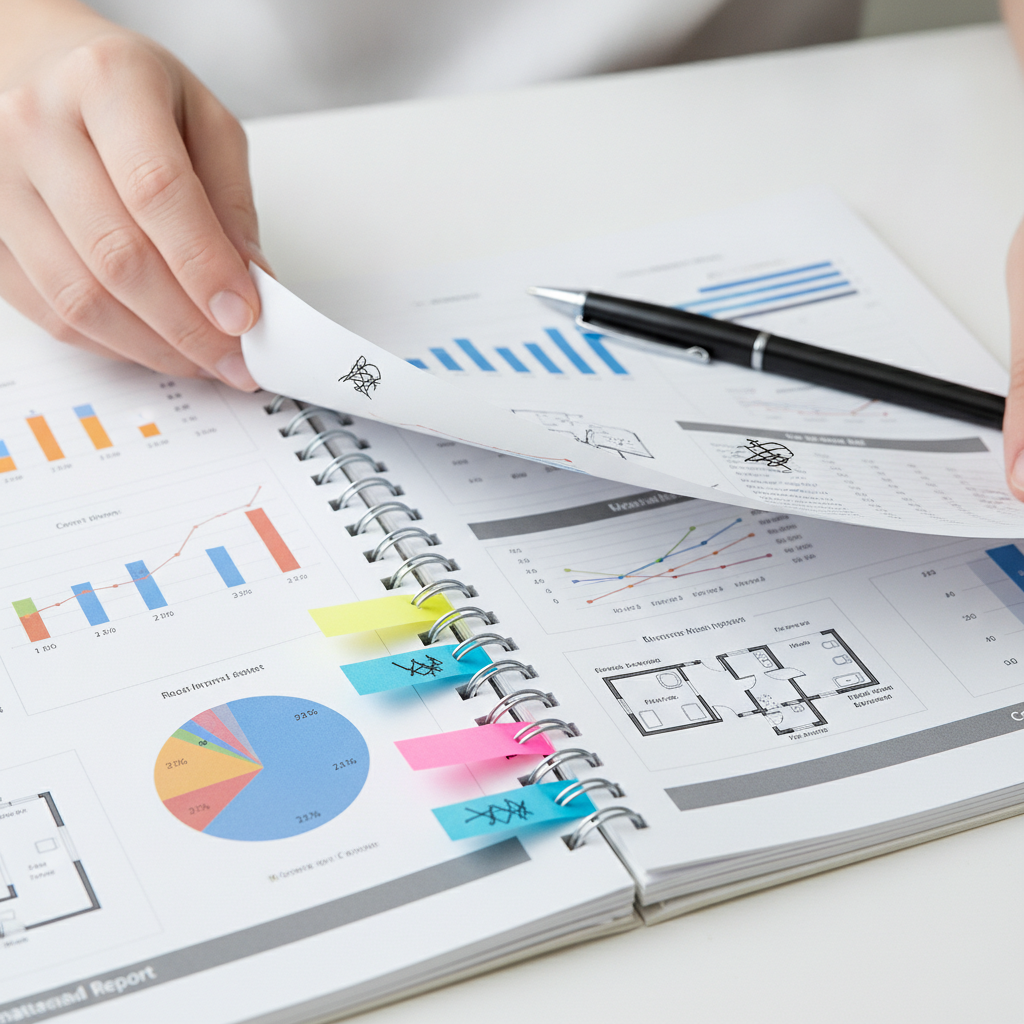 Close-up of a CMA report and floor plan being reviewed for an Ontario real estate report checklist