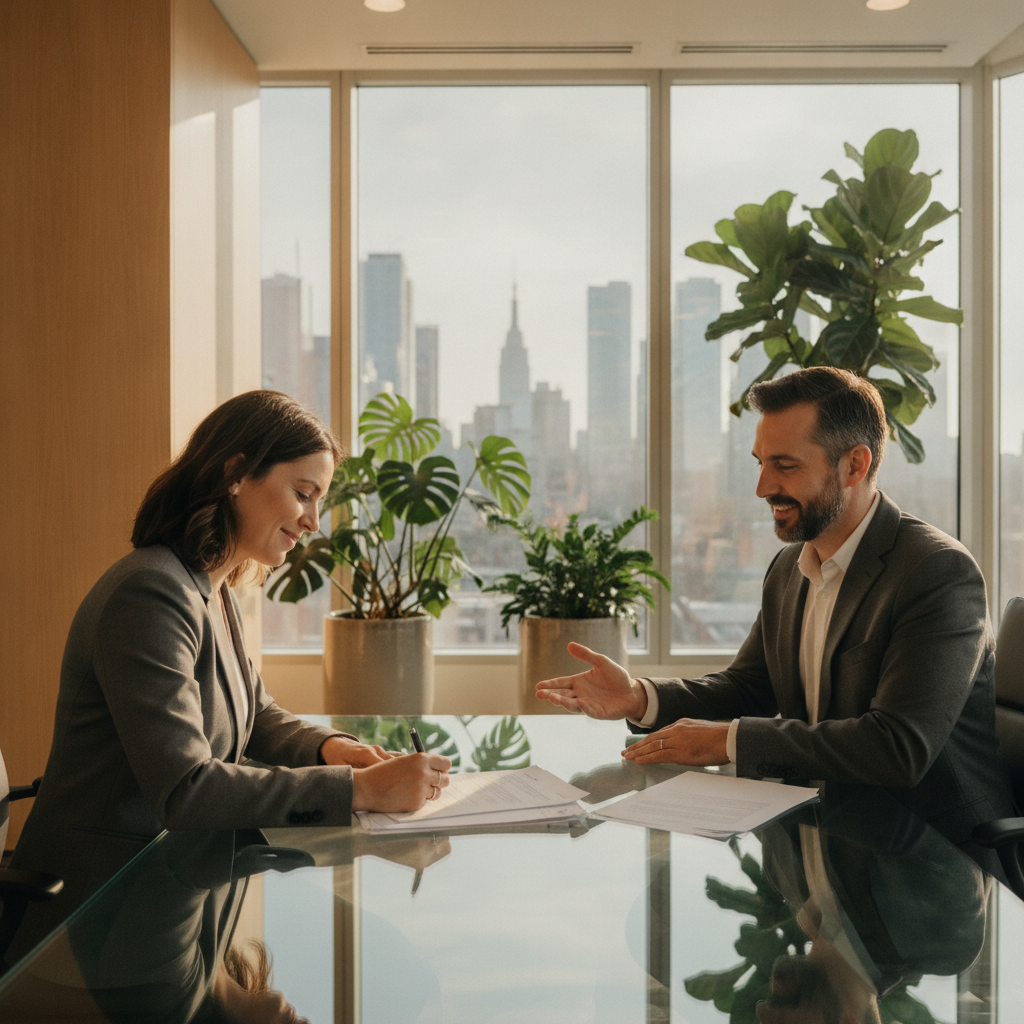 Client signing legal documents across from a lawyer in a modern Etobicoke office