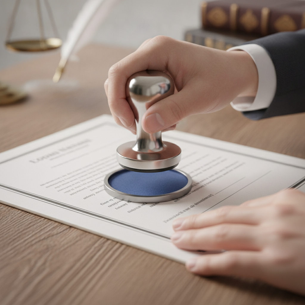 Close-up of a notary public stamping an official document in Etobicoke, Toronto metro area