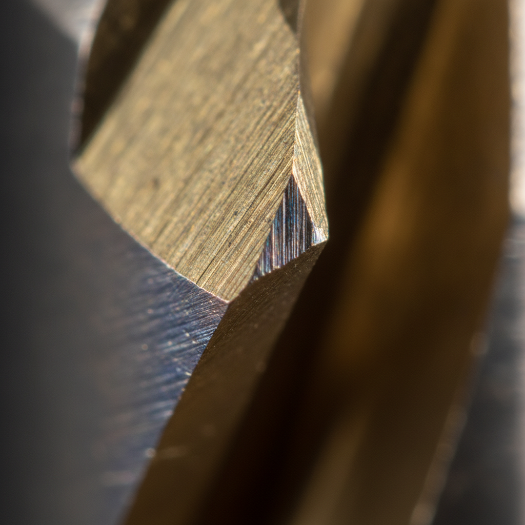 Close-up of a TiN PVD-coated cutting tool edge showing golden wear-resistant layer and microtexture details