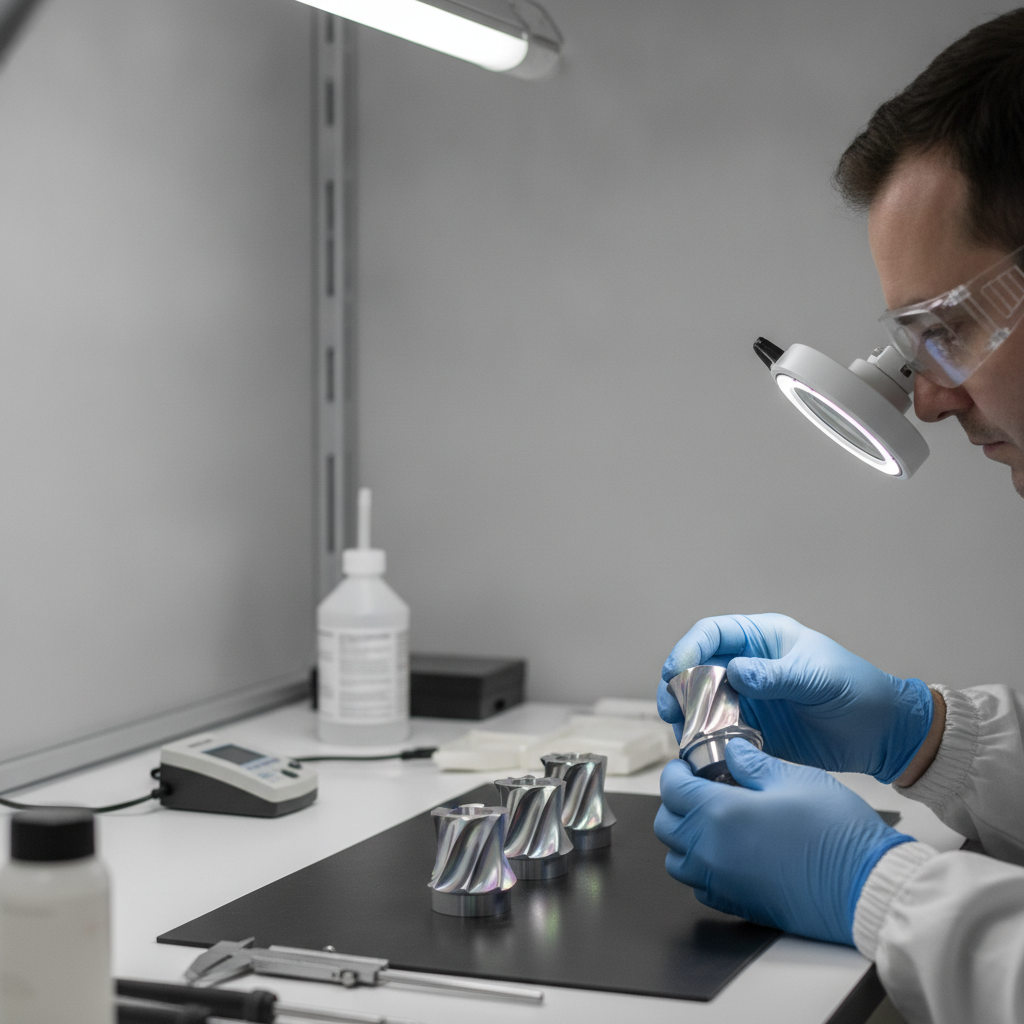 Technician inspecting PVD-coated precision components on a workbench in a QC lab environment, ensuring adhesion and thickness compliance