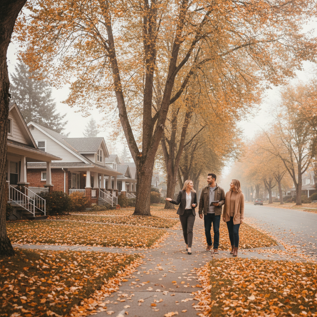 Side-angle photo of a Surrey real estate agent touring homeowners through a quiet residential street