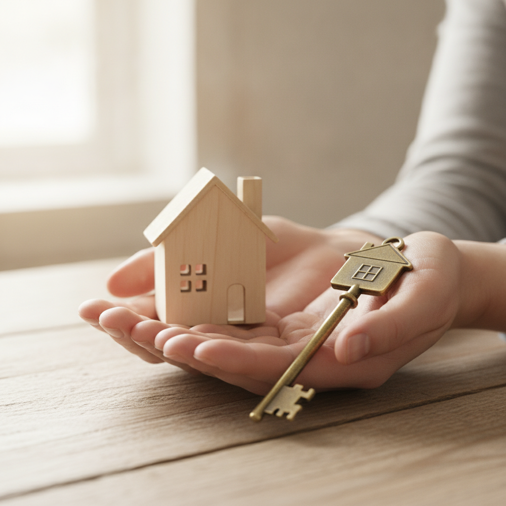 Close-up of hands holding house model and key illustrating how to estimate your home worth steps