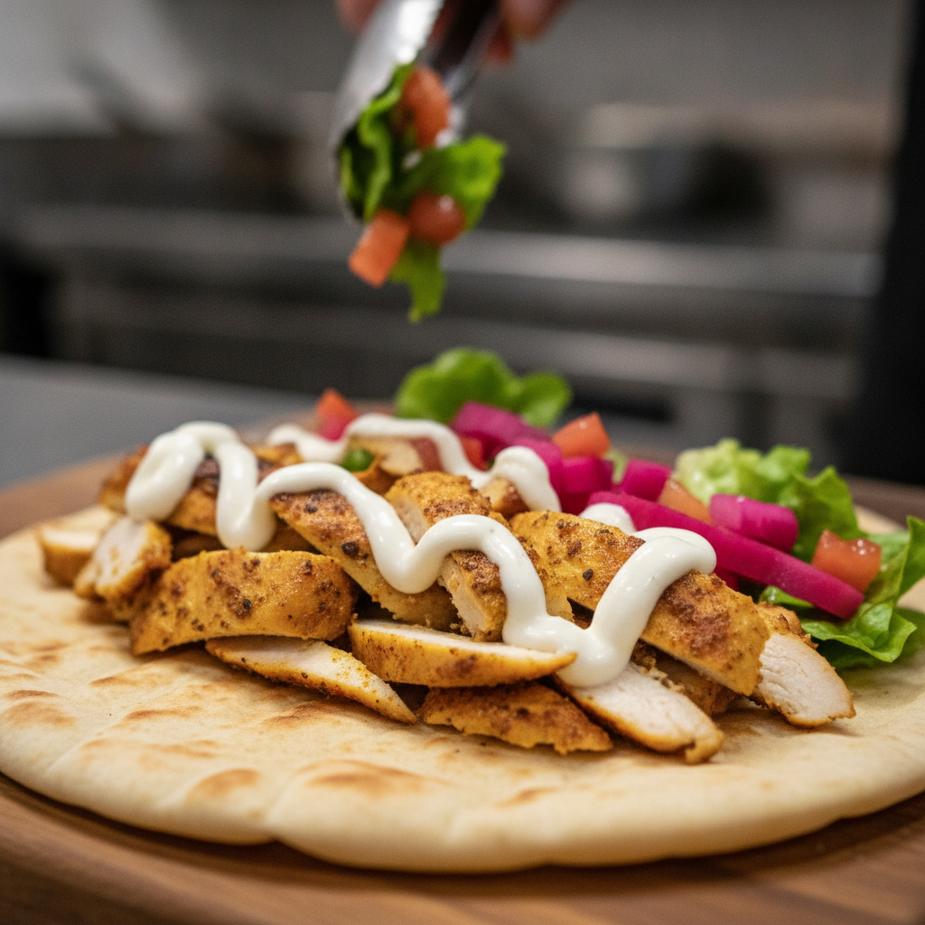 Close-up of a custom shawarma wrap being assembled with chicken, pickled turnips, and garlic sauce in a Toronto kitchen