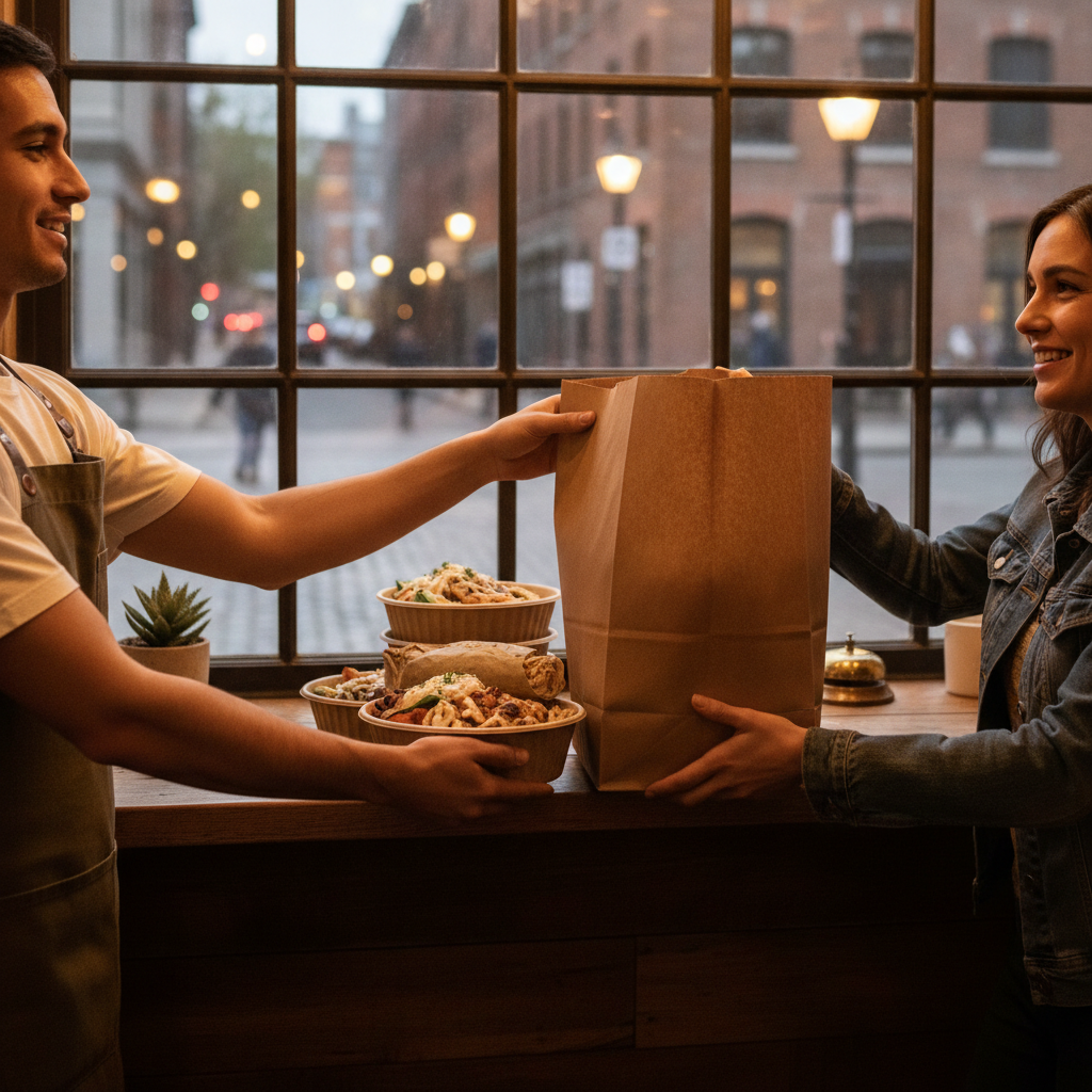 Pickup handoff of customized shawarma bowls and wraps in eco-friendly packaging at a Toronto counter