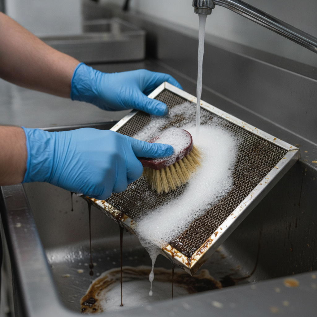 Close-up of commercial kitchen cleaning with gloved hands scrubbing a greasy baffle filter using foamy degreaser in a stainless sink