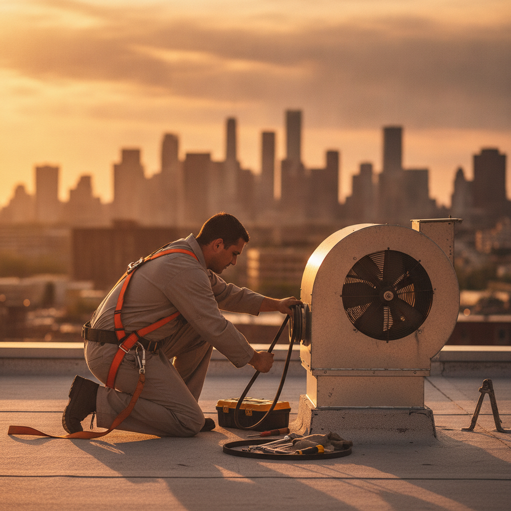 Technician on a rooftop servicing a restaurant exhaust fan and replacing a fan belt at golden hour, part of commercial kitchen cleaning maintenance