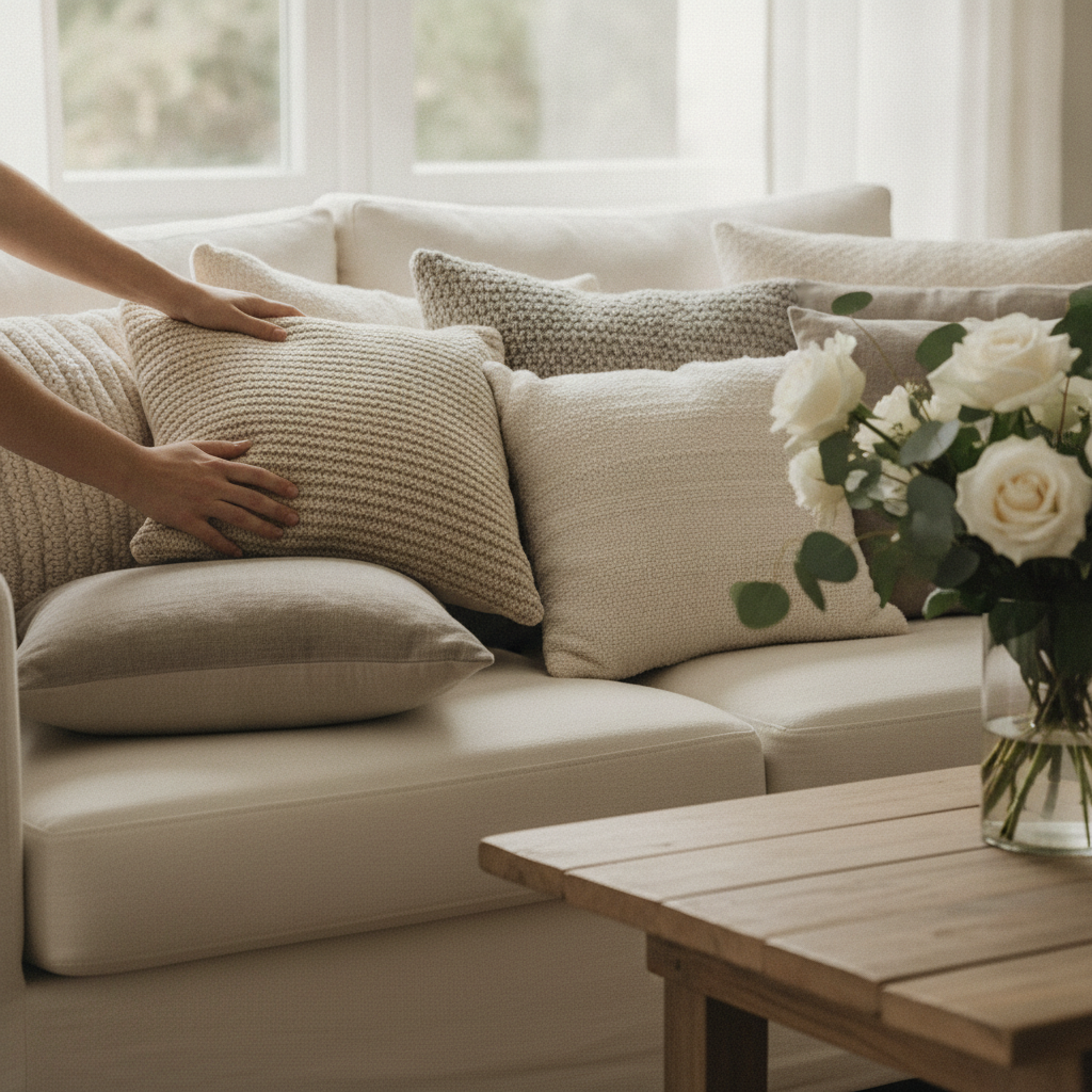Home staging detail: arranging pillows and flowers to elevate buyer perception when selling your house in Mississauga