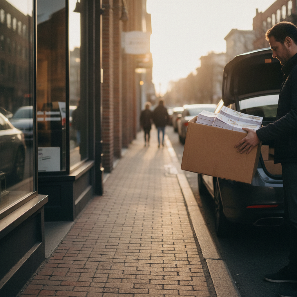 Customer placing a box of printed flyers into a car trunk for same-day pickup in Mississauga near 5004 Timberlea Blvd Unit #18