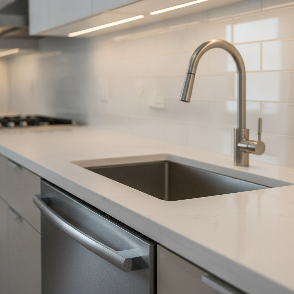 Close-up kitchen details buyers should check in a house listing: stainless appliances, quartz countertop, faucet and lighting