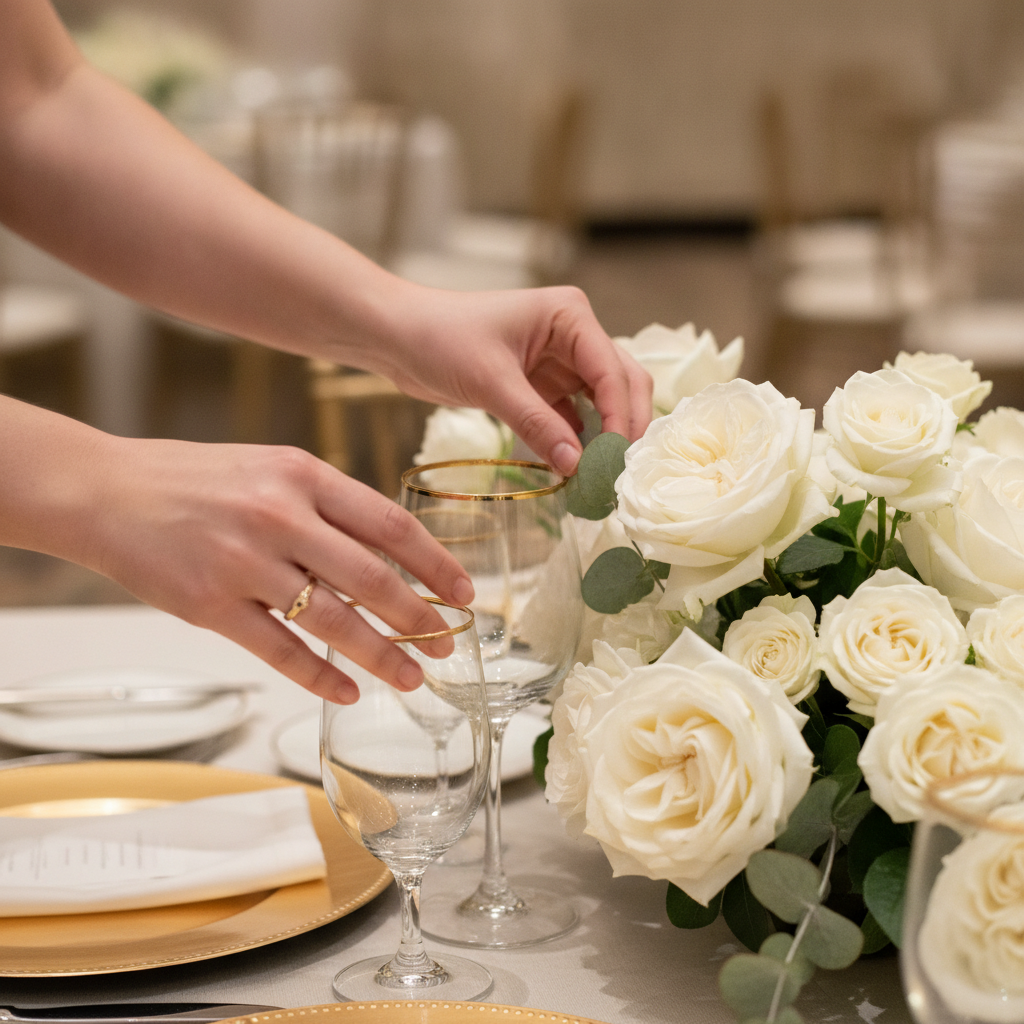 Close-up of a wedding planner styling a floral centerpiece with white roses and gold-rimmed glassware in London wedding planning context