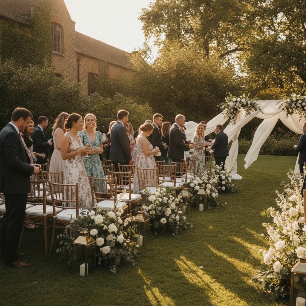 Outdoor garden wedding scene in London at golden hour with aisle flowers and guests arriving, illustrating London UK wedding planner execution