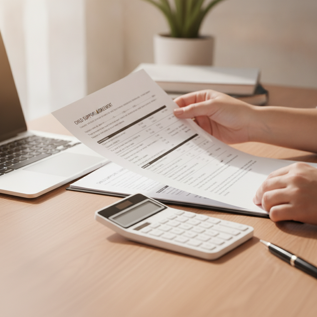 Close-up of hands and calculator reviewing a child support agreement and calculations, illustrating how a lawyer for child support prepares evidence