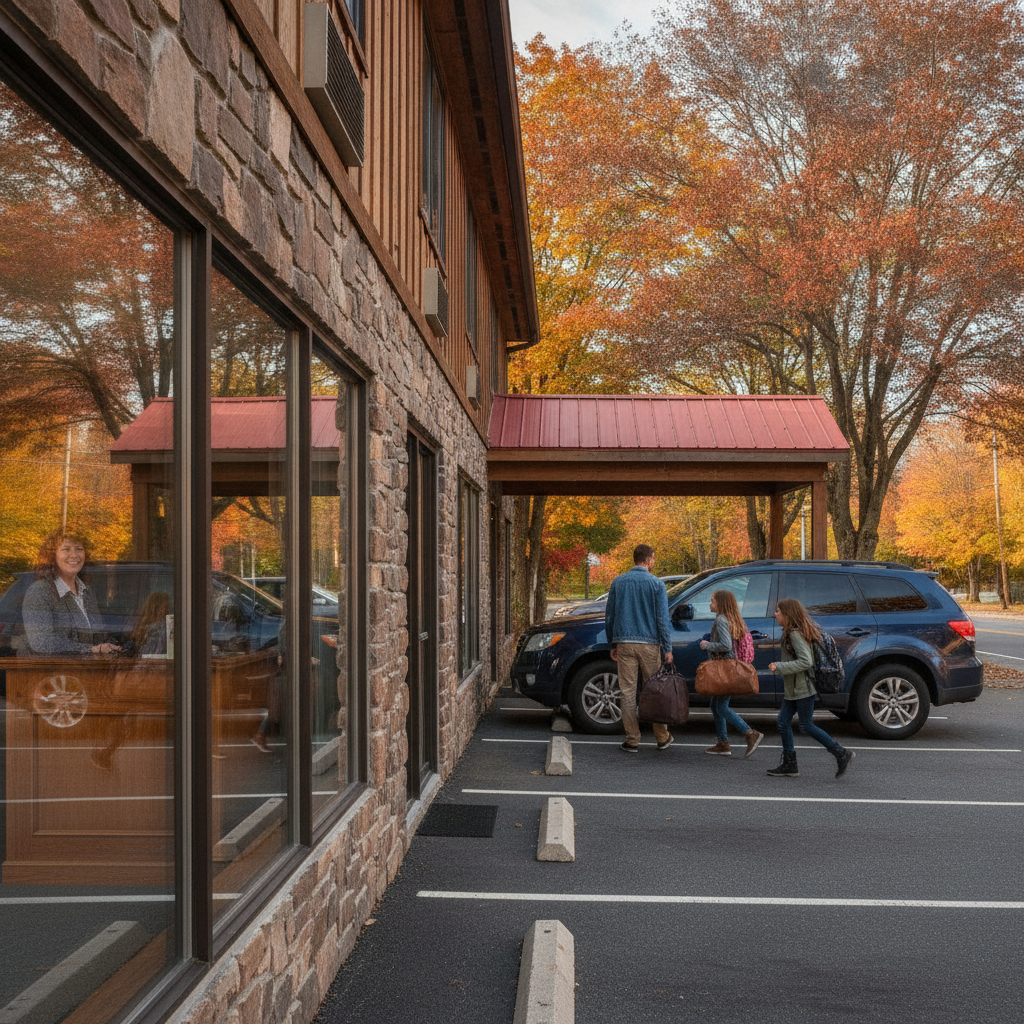 Family arriving at a Main Street North Conway motel with parking beside the room for easy unloading