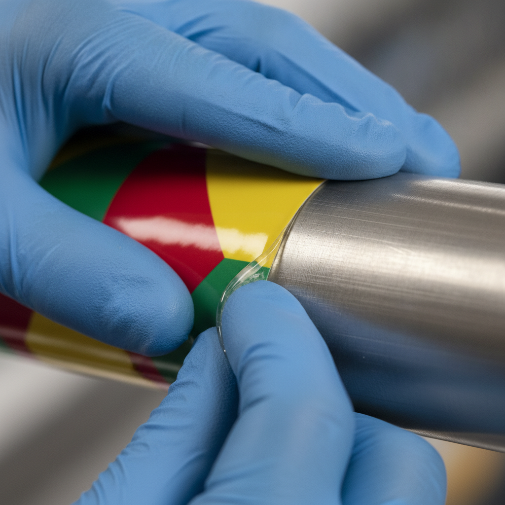 Close-up of a technician applying a durable pipe marker wrap, illustrating ANSI Z535 color use with VisionMarker pipe markers