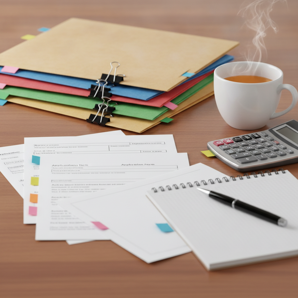Close-up of organized grant application prep: folders, tabs, and forms supporting the grant application process for small business
