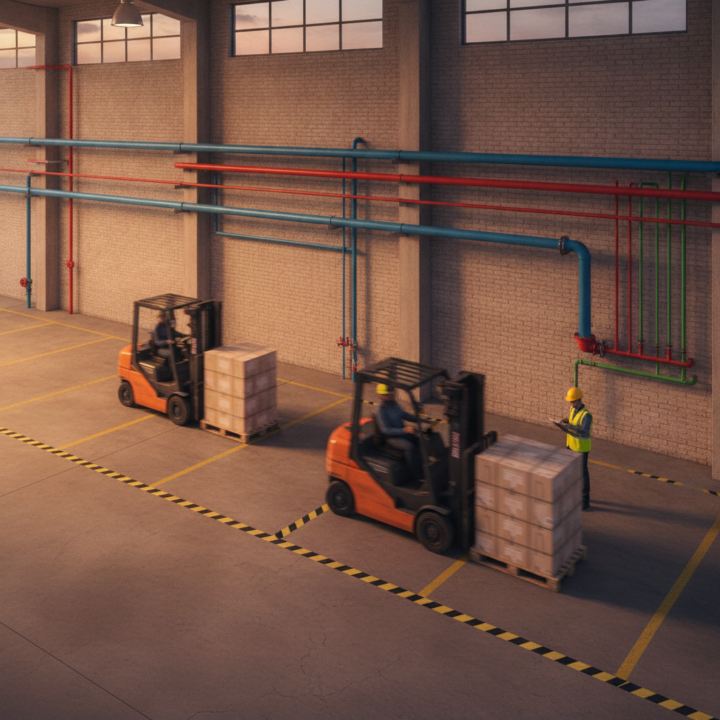 Warehouse scene with forklift, hazard stripes, and color-coded piping illustrating ANSI Z535 signage in context