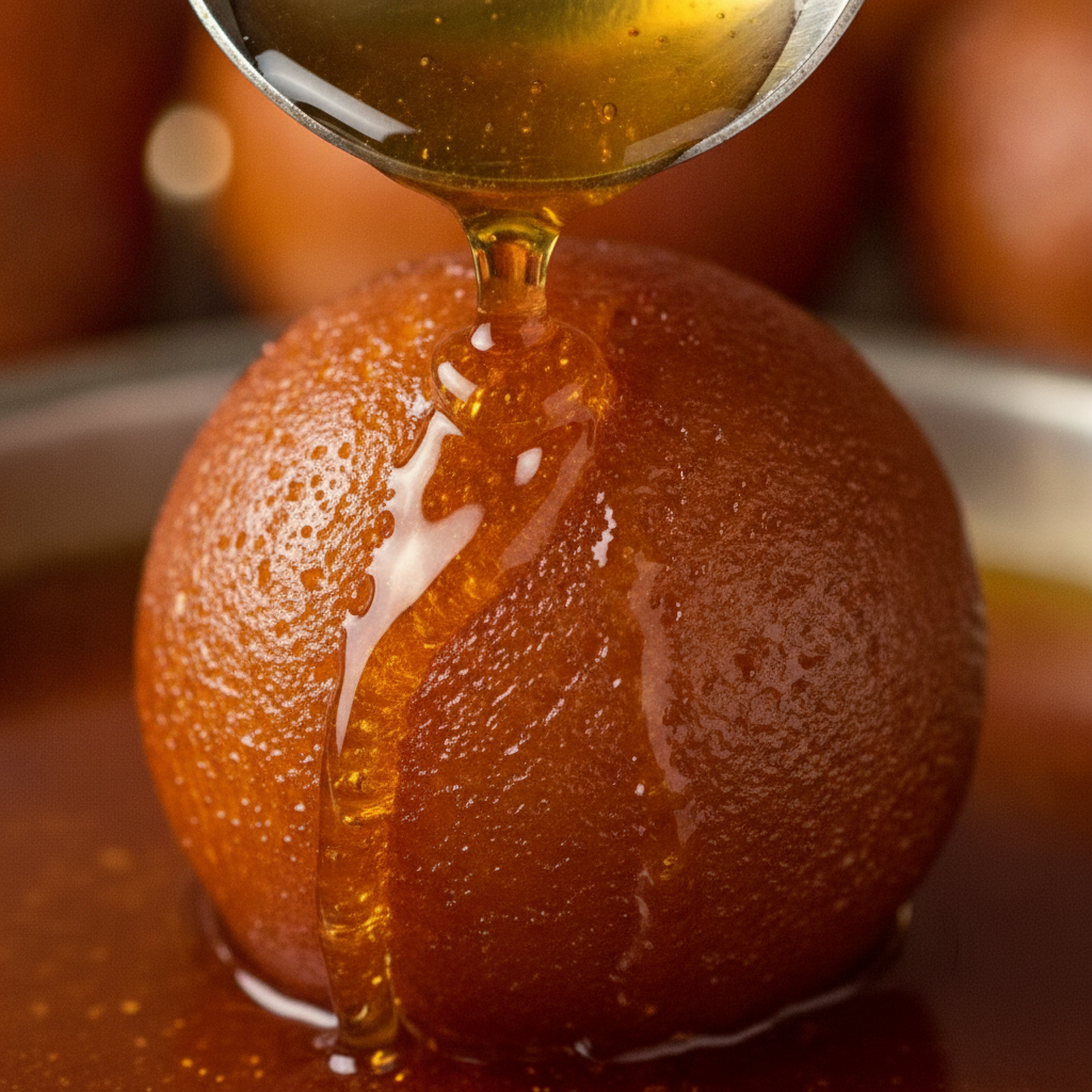 Macro close-up of gulab jamun being drizzled with syrup, showing porous texture and glossy glaze