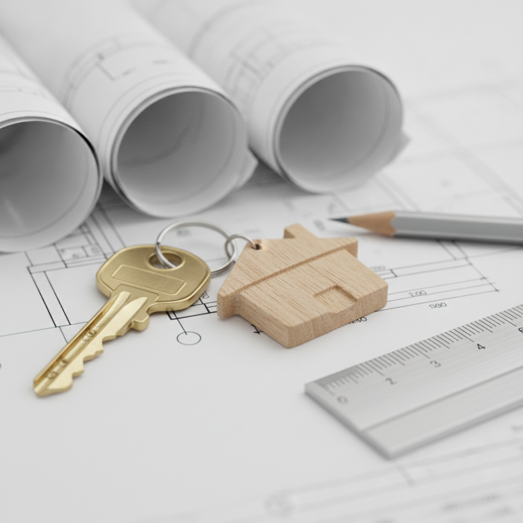 House key on blueprints symbolizing property loans, lending documents, and approval steps