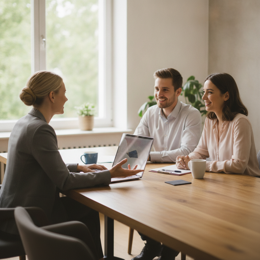 Mortgage broker meeting with clients to compare property loans and structure features